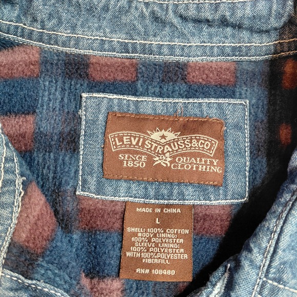 Levi Strauss Shirt Jacket Mens L Blue Denim Flannel Plaid Lined Shacket Quilted - Picture 5 of 14